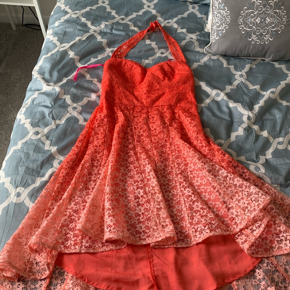 Betsy Johnson high low lace halter dress apricot